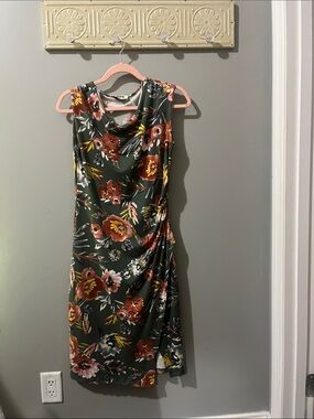 Sleeveless Floral Midi Dress in Olive Green with Rust Blooms